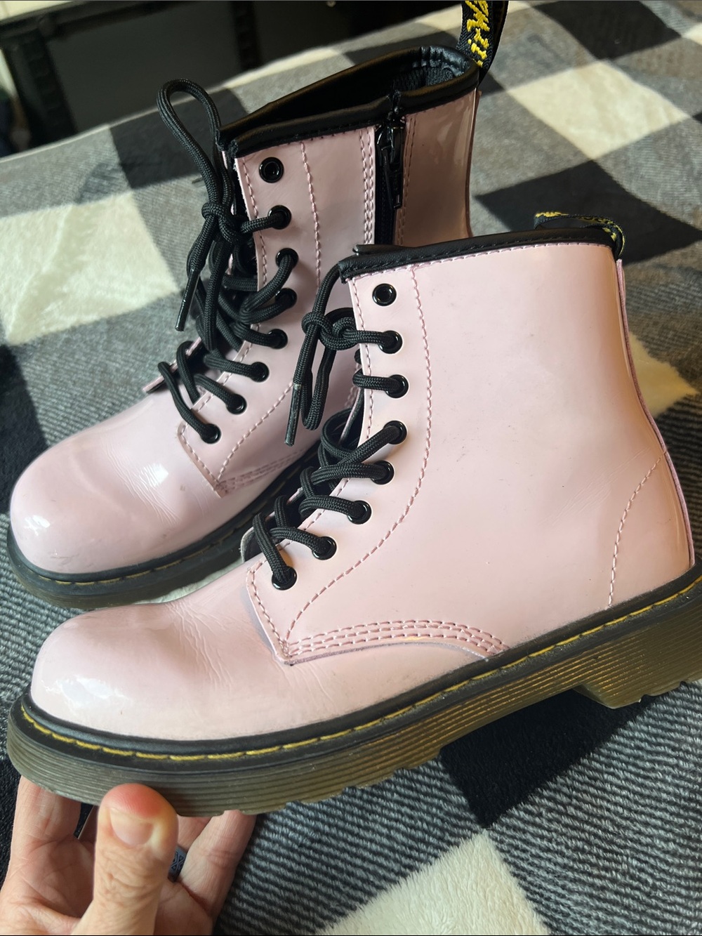 Dr. Marten’s Delaney Patent Pink Lace-Up Combat Boots with Black Trim size 3